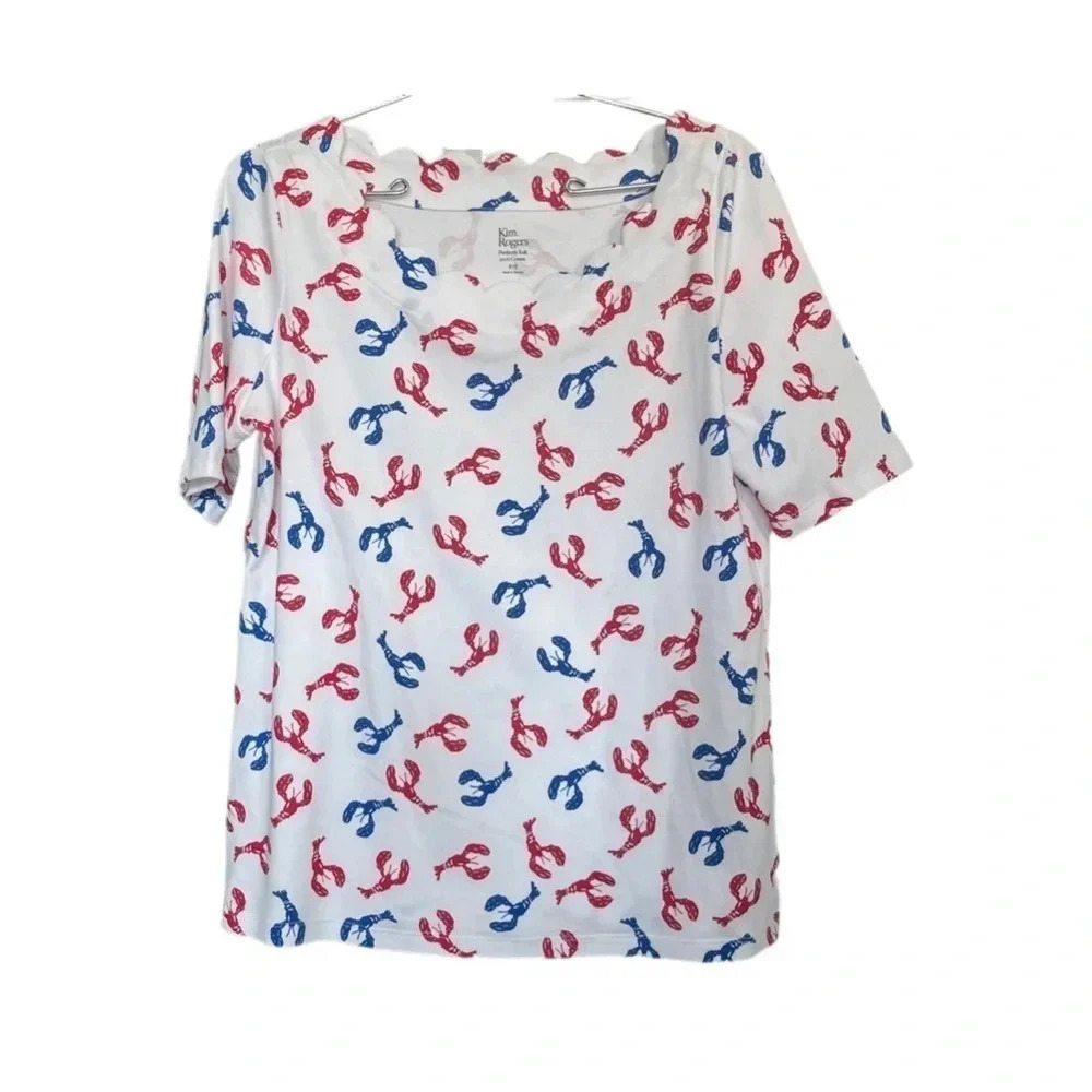 Kim Rogers Red White Blue Lobsters Short Sleeve Blouse Women’s Petite Small
